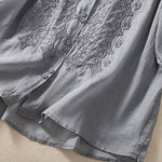 Buddha Stones Summer Plain Button Embroidery Flower Pattern Three Quarter Sleeve Lapel Women's Shirt