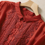 Buddha Stones Summer Plain Button Embroidery Flower Pattern Three Quarter Sleeve Lapel Women's Shirt