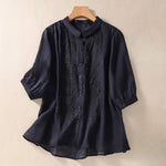 Buddha Stones Summer Plain Button Embroidery Flower Pattern Three Quarter Sleeve Lapel Women's Shirt