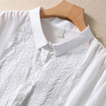 Buddha Stones Summer Plain Button Embroidery Flower Pattern Three Quarter Sleeve Lapel Women's Shirt
