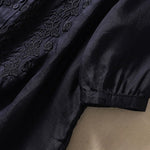 Buddha Stones Summer Plain Button Embroidery Flower Pattern Three Quarter Sleeve Lapel Women's Shirt
