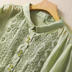 Buddha Stones Summer Plain Button Embroidery Flower Pattern Three Quarter Sleeve Lapel Women's Shirt