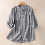 Buddha Stones Summer Plain Button Embroidery Flower Pattern Three Quarter Sleeve Lapel Women's Shirt
