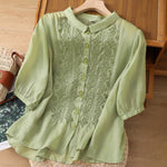 Buddha Stones Summer Plain Button Embroidery Flower Pattern Three Quarter Sleeve Lapel Women's Shirt