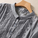 Buddha Stones Summer Plain Button Embroidery Flower Pattern Three Quarter Sleeve Lapel Women's Shirt