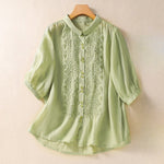Buddha Stones Summer Plain Button Embroidery Flower Pattern Three Quarter Sleeve Lapel Women's Shirt