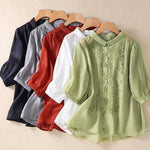 Buddha Stones Summer Plain Button Embroidery Flower Pattern Three Quarter Sleeve Lapel Women's Shirt