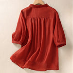 Buddha Stones Summer Plain Button Embroidery Flower Pattern Three Quarter Sleeve Lapel Women's Shirt