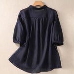 Buddha Stones Summer Plain Button Embroidery Flower Pattern Three Quarter Sleeve Lapel Women's Shirt