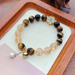 Buddha Stones Natural Tiger Eye Citrine Beads Flower Bell Courage Bracelet