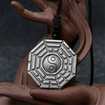 Buddha Stones Silver Sheen Obsidian Bagua Yin Yang Symbol Protection Necklace Pendant