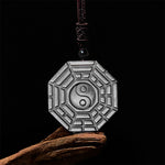 Buddha Stones Silver Sheen Obsidian Bagua Yin Yang Symbol Protection Necklace Pendant