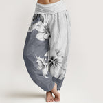 Buddha Stones Cotton Camellia Pattern Women's Elastic Waist Harem Pants