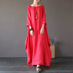 Buddha Stones Solid Color Three Quarter Sleeve Cotton Women's Maxi Dress