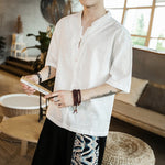 Buddha Stones Summer Plain Color Frog-Button Notched Neck Men's Half Sleeve Cotton Shirt