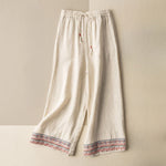 Buddha Stones Casual Embroidery Bohemian Pattern Drawstring Women's Wide Leg Pants With Pockets