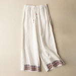 Buddha Stones Casual Embroidery Bohemian Pattern Drawstring Women's Wide Leg Pants With Pockets