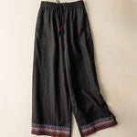 Buddha Stones Casual Embroidery Bohemian Pattern Drawstring Women's Wide Leg Pants With Pockets