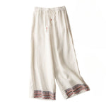 Buddha Stones Casual Embroidery Bohemian Pattern Drawstring Women's Wide Leg Pants With Pockets