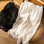 Buddha Stones Casual Embroidery Bohemian Pattern Drawstring Women's Wide Leg Pants With Pockets