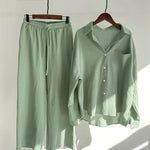 Buddha Stones 2Pcs Long Sleeve Shirt Top With Pockets Drawstring Pants Meditation Cotton Clothing Women's Set