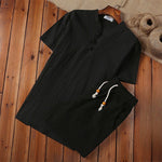 Buddha Stones 2Pcs Solid Color Frog-Button Tang Suit Cotton Linen Short Sleeve Pants Clothing Men's Set