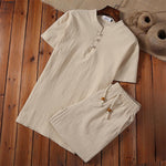 Buddha Stones 2Pcs Solid Color Frog-Button Tang Suit Cotton Linen Short Sleeve Pants Clothing Men's Set