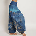 Buddha Stones Cotton Casual Full Moon Mountains Trees River Pattern Women's Elastic Waist Harem Pants