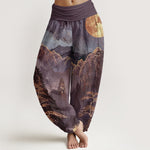 Buddha Stones Cotton Casual Full Moon Mountains Trees River Pattern Women's Elastic Waist Harem Pants