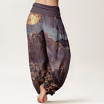 Buddha Stones Cotton Casual Full Moon Mountains Trees River Pattern Women's Elastic Waist Harem Pants