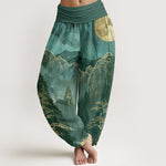 Buddha Stones Cotton Casual Full Moon Mountains Trees River Pattern Women's Elastic Waist Harem Pants