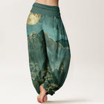Buddha Stones Cotton Casual Full Moon Mountains Trees River Pattern Women's Elastic Waist Harem Pants