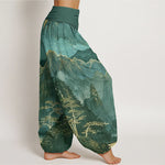 Buddha Stones Cotton Casual Full Moon Mountains Trees River Pattern Women's Elastic Waist Harem Pants