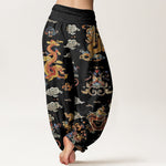 Buddha Stones Cotton Golden Dragons Auspicious Clouds Design Women's Elastic Waist Harem Pants
