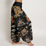 Buddha Stones Cotton Golden Dragons Auspicious Clouds Design Women's Elastic Waist Harem Pants