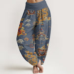 Buddha Stones Cotton Golden Dragons Auspicious Clouds Design Women's Elastic Waist Harem Pants