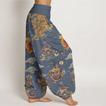 Buddha Stones Cotton Golden Dragons Auspicious Clouds Design Women's Elastic Waist Harem Pants