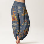 Buddha Stones Cotton Golden Dragons Auspicious Clouds Design Women's Elastic Waist Harem Pants