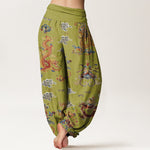 Buddha Stones Cotton Golden Dragons Auspicious Clouds Design Women's Elastic Waist Harem Pants