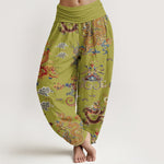 Buddha Stones Cotton Golden Dragons Auspicious Clouds Design Women's Elastic Waist Harem Pants