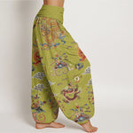 Buddha Stones Cotton Golden Dragons Auspicious Clouds Design Women's Elastic Waist Harem Pants