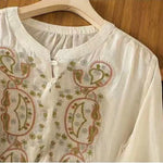 Buddha Stones Casual Loose Embroidery Frog Button Half Sleeve Crew Neck Cotton Women's Shirt