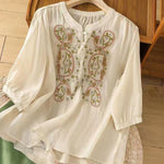 Buddha Stones Casual Loose Embroidery Frog Button Half Sleeve Crew Neck Cotton Women's Shirt