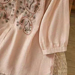 Buddha Stones Casual Loose Embroidery Frog Button Half Sleeve Crew Neck Cotton Women's Shirt