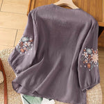 Buddha Stones Casual Flower Leaf Embroidery Women's Crew Neck Design Three Quarter Sleeve T-shirt