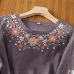 Buddha Stones Casual Flower Leaf Embroidery Women's Crew Neck Design Three Quarter Sleeve T-shirt