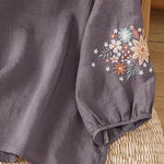 Buddha Stones Casual Flower Leaf Embroidery Women's Crew Neck Design Three Quarter Sleeve T-shirt