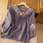 Buddha Stones Casual Flower Leaf Embroidery Women's Crew Neck Design Three Quarter Sleeve T-shirt