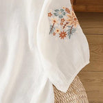 Buddha Stones Casual Flower Leaf Embroidery Women's Crew Neck Design Three Quarter Sleeve T-shirt