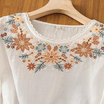 Buddha Stones Casual Flower Leaf Embroidery Women's Crew Neck Design Three Quarter Sleeve T-shirt